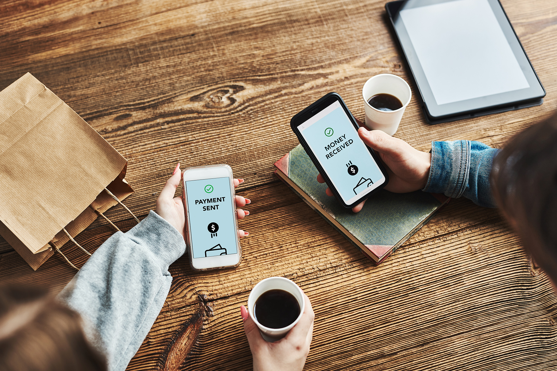 Money transfer. Online banking. People transferring money online using applications for send and receive money on smartphones. Friends making money transfers. Smartphone screen displaying money transfer confirmation. Digital wallet. Money exchange. Paying